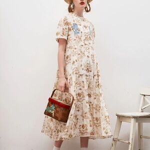 Unlogical Poem Light Cream Floral Tiered Midi Dress with Short Sleeves